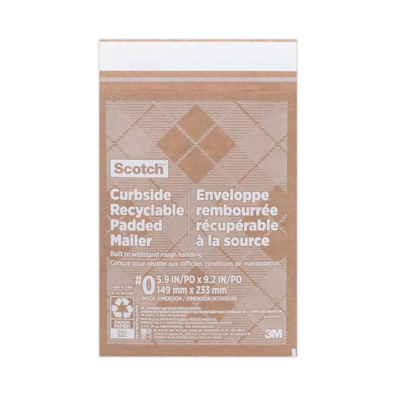 Scotch #0 Bubble Cushion Self-Adhesive Closure 7 in. x 11.25 in. Curbside Recyclable Padded Mailer - Natural Kraft (100/Carton)